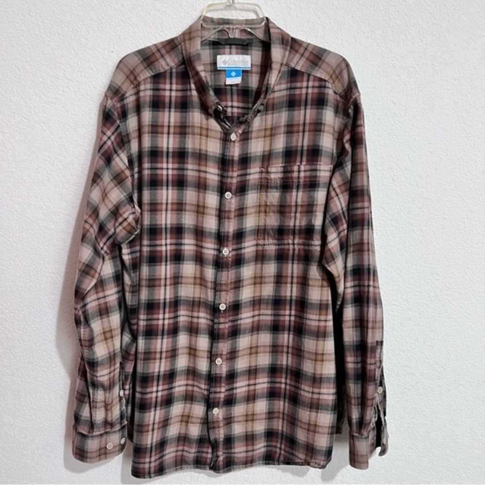 Columbia Brown & Tan Checked Plaid Cotton Button Front Long Sleeve Shirt XL